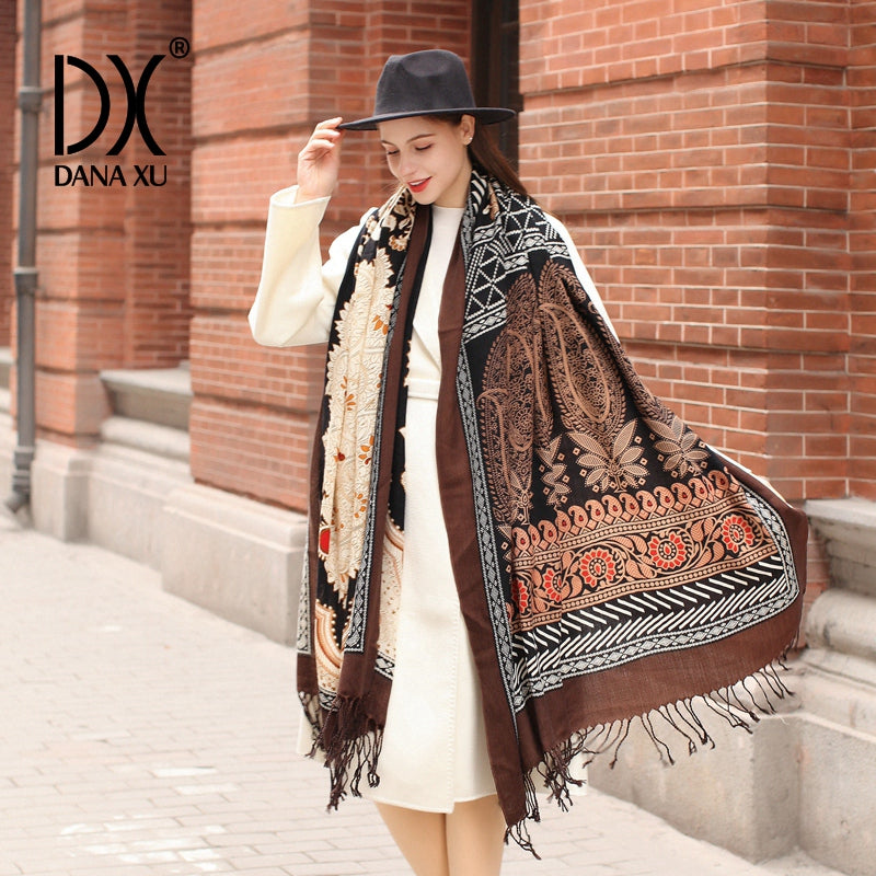 DANA XU 100% Merino Wool Extra Large Pashmina Blanket Travel Scarf Cashmere Wrap for Women Fall Winter Oversize Shawl Floral