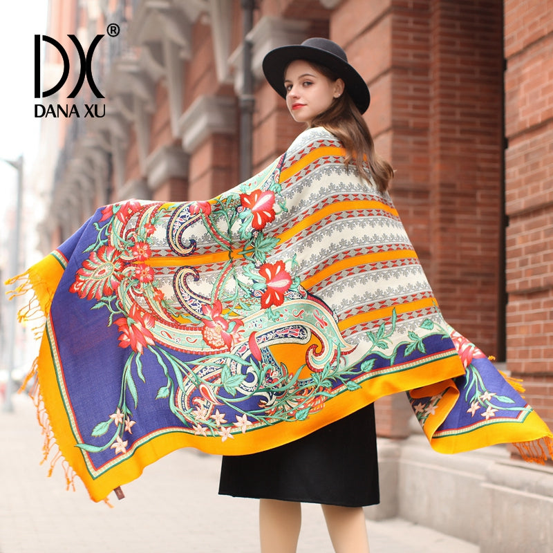 DANA XU 100% Merino Wool Extra Large Pashmina Blanket Travel Scarf Cashmere Wrap for Women Fall Winter Oversize Shawl Floral