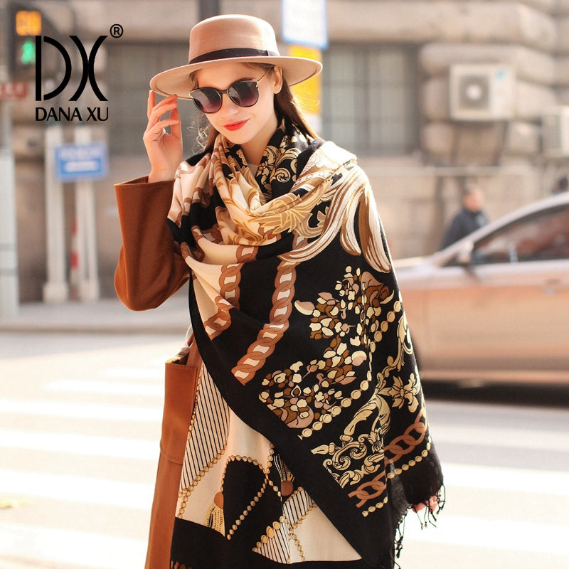 DANA XU 100% Merino Wool Extra Large Pashmina Blanket Travel Scarf Cashmere Wrap for Women Fall Winter Oversize Shawl Floral
