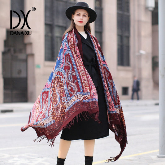 DANA XU 100% Merino Wool Extra Large Pashmina Blanket Travel Scarf Cashmere Wrap for Women Fall Winter Oversize Shawl Floral