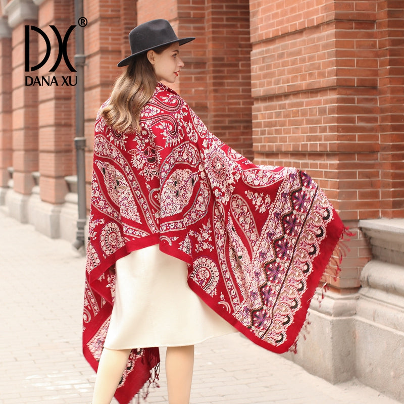 DANA XU 100% Merino Wool Extra Large Pashmina Blanket Travel Scarf Cashmere Wrap for Women Fall Winter Oversize Shawl Floral
