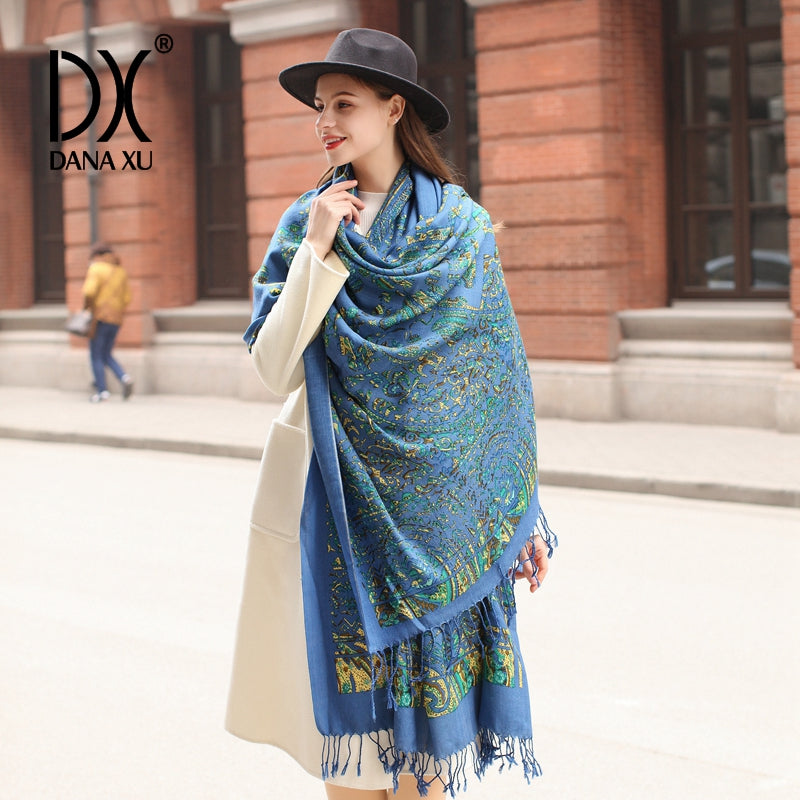 DANA XU 100% Merino Wool Extra Large Pashmina Blanket Travel Scarf Cashmere Wrap for Women Fall Winter Oversize Shawl Floral