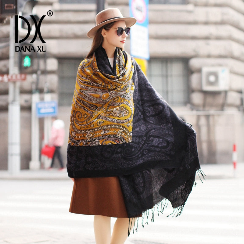 DANA XU 100% Merino Wool Extra Large Pashmina Blanket Travel Scarf Cashmere Wrap for Women Fall Winter Oversize Shawl Floral