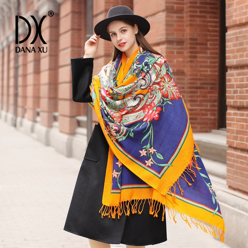DANA XU 100% Merino Wool Extra Large Pashmina Blanket Travel Scarf Cashmere Wrap for Women Fall Winter Oversize Shawl Floral