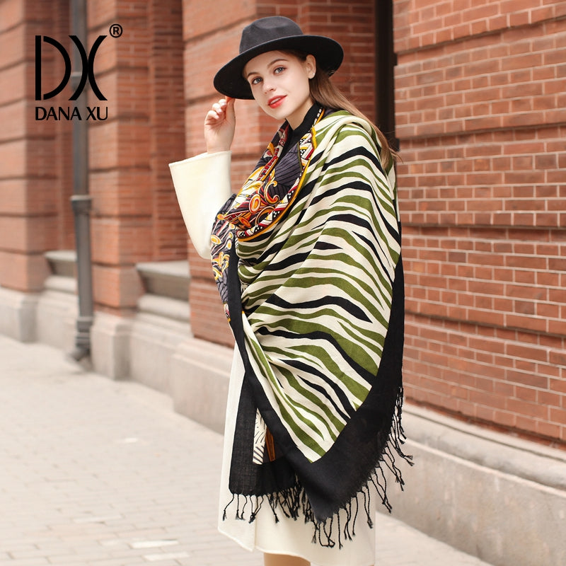 DANA XU 100% Merino Wool Extra Large Pashmina Blanket Travel Scarf Cashmere Wrap for Women Fall Winter Oversize Shawl Floral