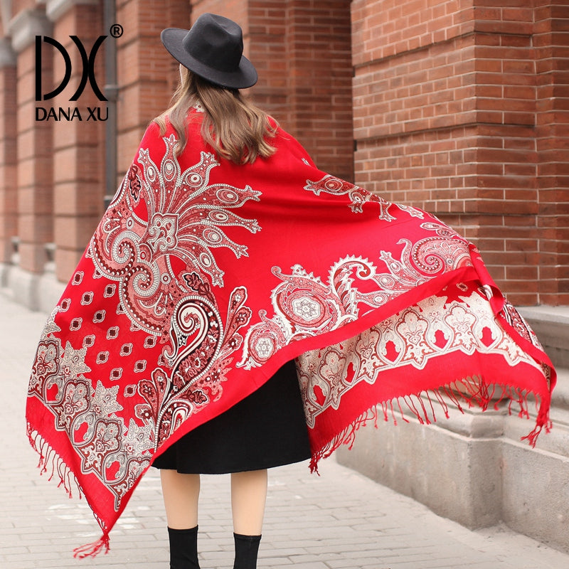 DANA XU 100% Merino Wool Extra Large Pashmina Blanket Travel Scarf Cashmere Wrap for Women Fall Winter Oversize Shawl Floral