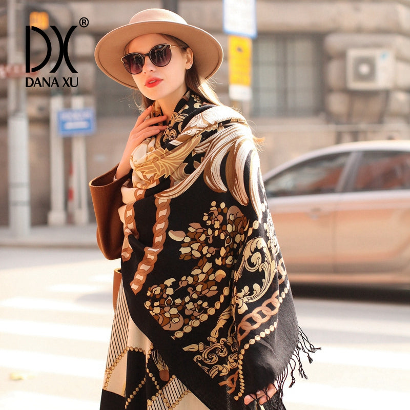 DANA XU 100% Merino Wool Extra Large Pashmina Blanket Travel Scarf Cashmere Wrap for Women Fall Winter Oversize Shawl Floral