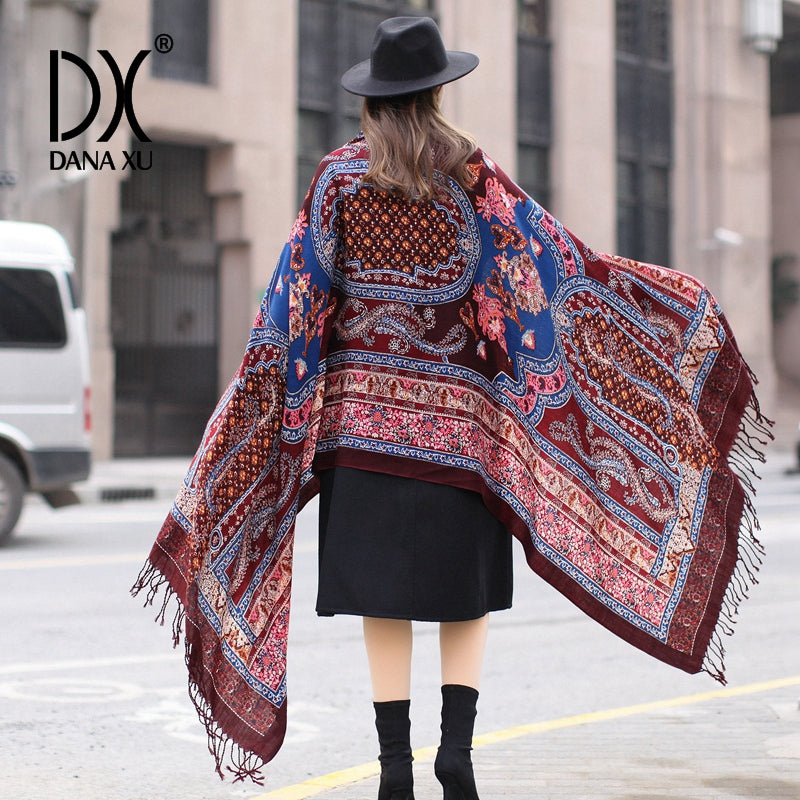 DANA XU 100% Merino Wool Extra Large Pashmina Blanket Travel Scarf Cashmere Wrap for Women Fall Winter Oversize Shawl Floral