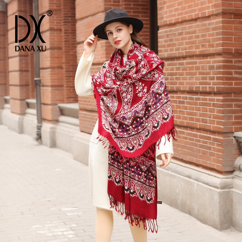 DANA XU 100% Merino Wool Extra Large Pashmina Blanket Travel Scarf Cashmere Wrap for Women Fall Winter Oversize Shawl Floral