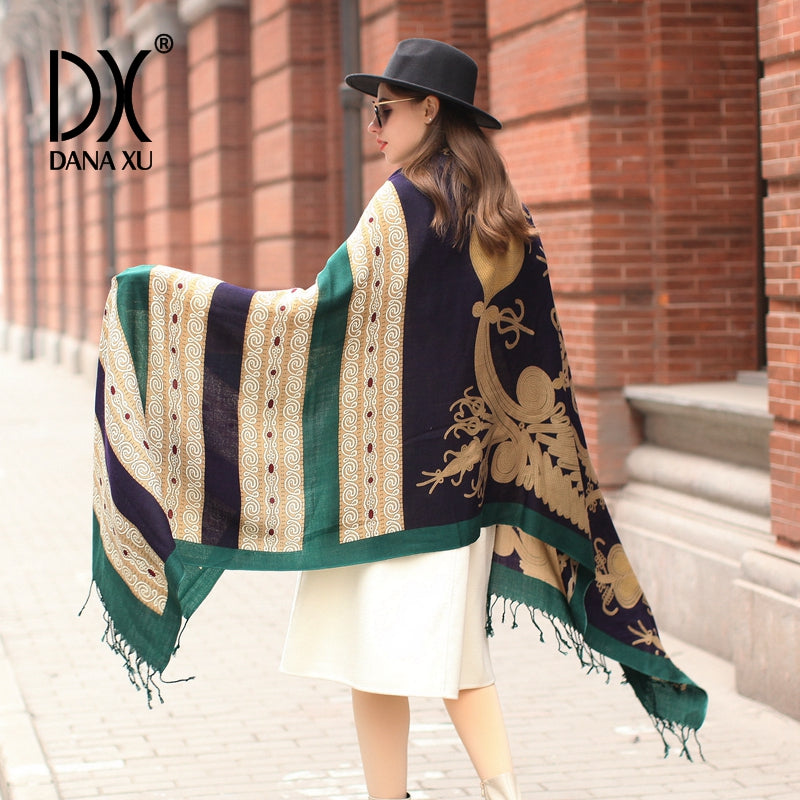 DANA XU 100% Merino Wool Extra Large Pashmina Blanket Travel Scarf Cashmere Wrap for Women Fall Winter Oversize Shawl Floral
