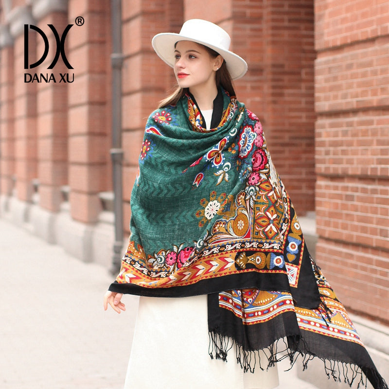 DANA XU 100% Merino Wool Extra Large Pashmina Blanket Travel Scarf Cashmere Wrap for Women Fall Winter Oversize Shawl Floral