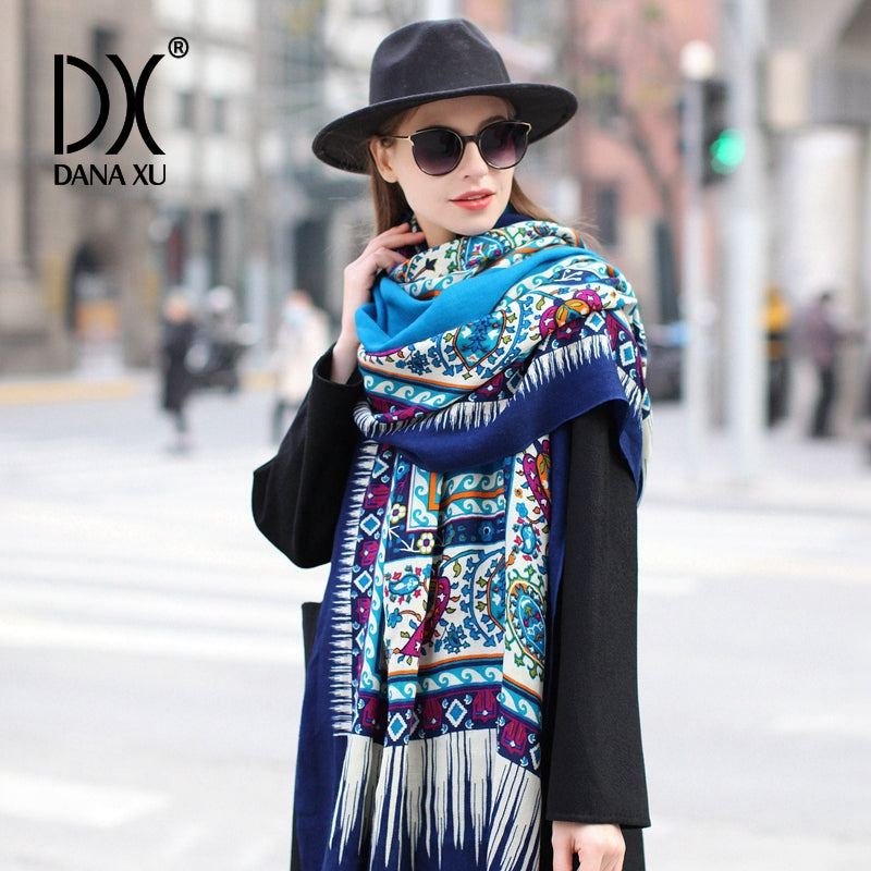 DANA XU 100% Merino Wool Extra Large Pashmina Blanket Travel Scarf Cashmere Wrap for Women Fall Winter Oversize Shawl Floral