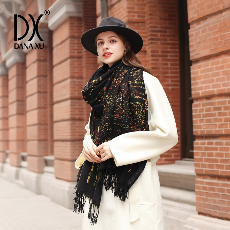 DANA XU 100% Merino Wool Extra Large Pashmina Blanket Travel Scarf Cashmere Wrap for Women Fall Winter Oversize Shawl Floral