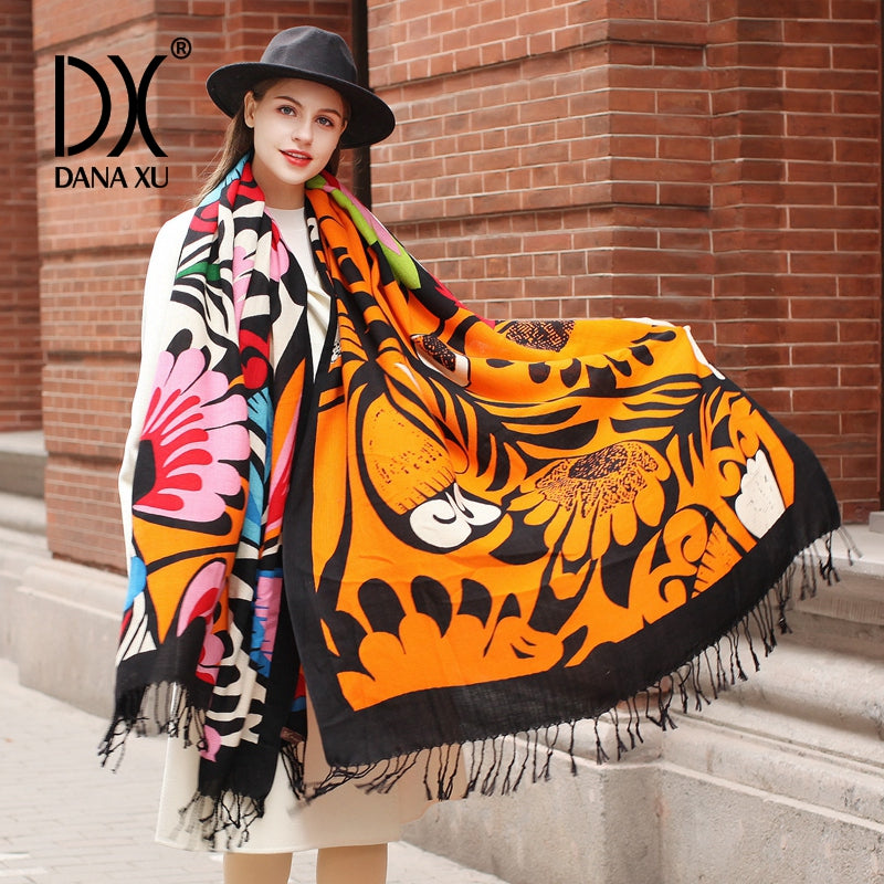 DANA XU 100% Merino Wool Extra Large Pashmina Blanket Travel Scarf Cashmere Wrap for Women Fall Winter Oversize Shawl Floral