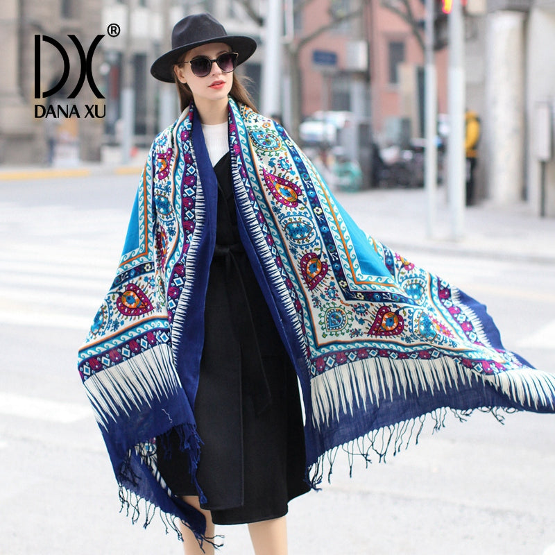 DANA XU 100% Merino Wool Extra Large Pashmina Blanket Travel Scarf Cashmere Wrap for Women Fall Winter Oversize Shawl Floral