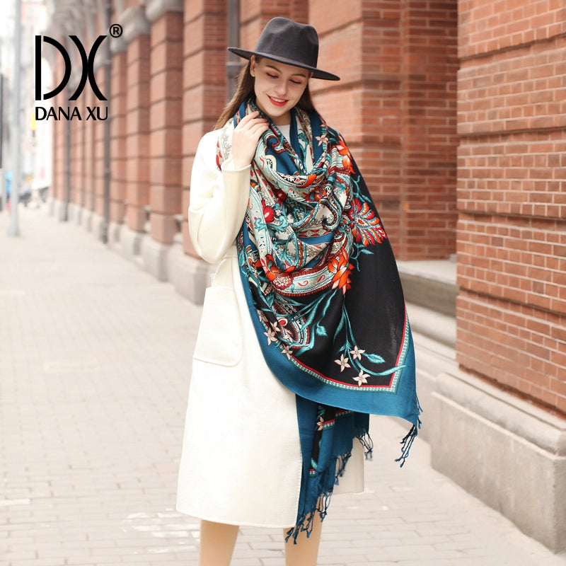 DANA XU 100% Merino Wool Extra Large Pashmina Blanket Travel Scarf Cashmere Wrap for Women Fall Winter Oversize Shawl Floral