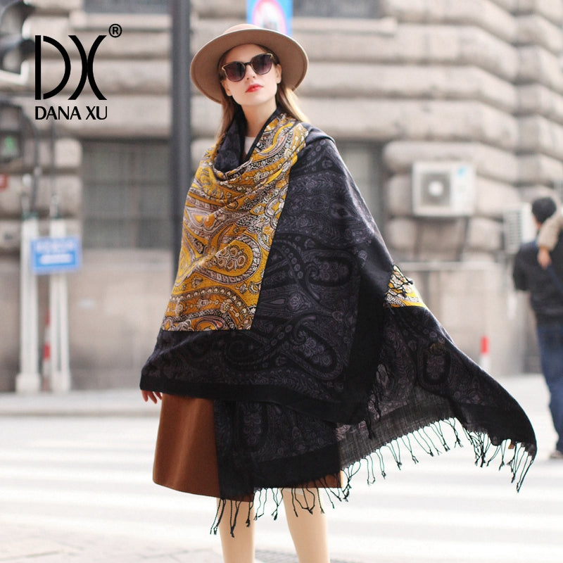 DANA XU 100% Merino Wool Extra Large Pashmina Blanket Travel Scarf Cashmere Wrap for Women Fall Winter Oversize Shawl Floral
