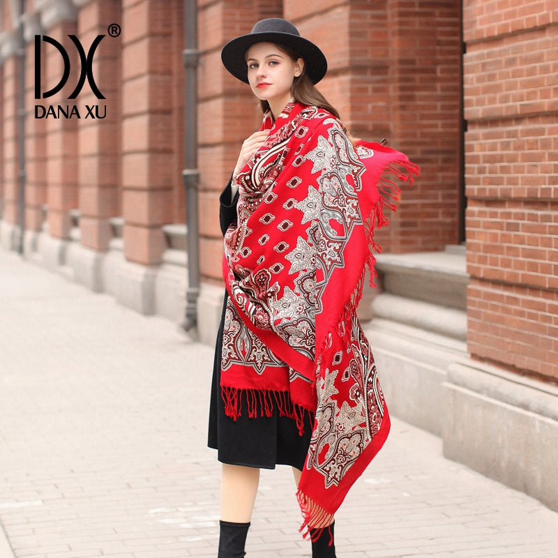 DANA XU 100% Merino Wool Extra Large Pashmina Blanket Travel Scarf Cashmere Wrap for Women Fall Winter Oversize Shawl Floral