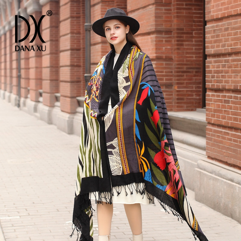 DANA XU 100% Merino Wool Extra Large Pashmina Blanket Travel Scarf Cashmere Wrap for Women Fall Winter Oversize Shawl Floral