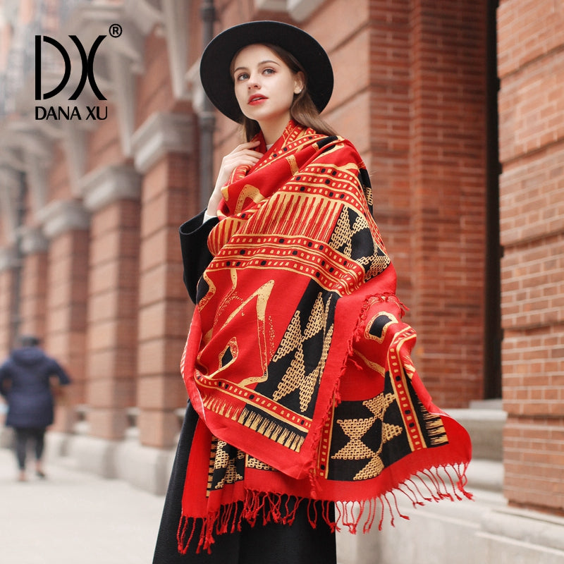 DANA XU 100% Merino Wool Extra Large Pashmina Blanket Travel Scarf Cashmere Wrap for Women Fall Winter Oversize Shawl Floral