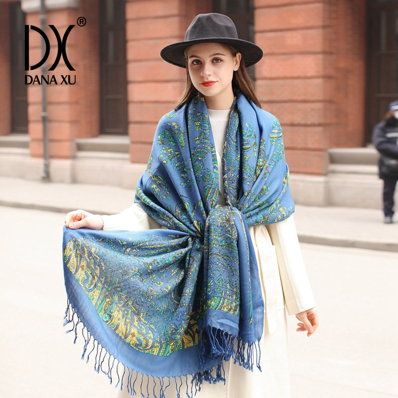 DANA XU 100% Merino Wool Extra Large Pashmina Blanket Travel Scarf Cashmere Wrap for Women Fall Winter Oversize Shawl Floral