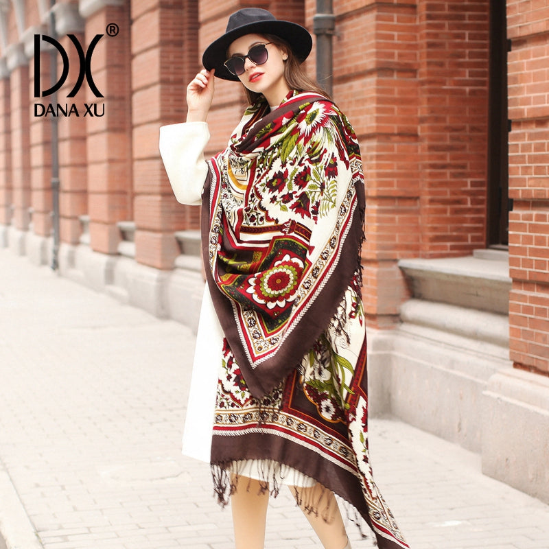 DANA XU 100% Merino Wool Extra Large Pashmina Blanket Travel Scarf Cashmere Wrap for Women Fall Winter Oversize Shawl Floral
