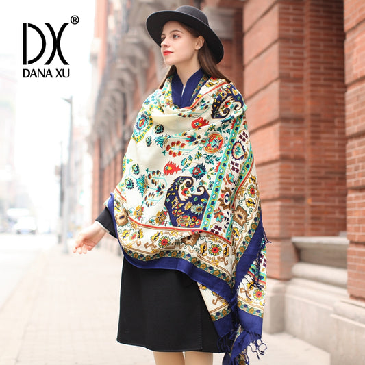 DANA XU 100% Merino Wool Extra Large Pashmina Blanket Travel Scarf Cashmere Wrap for Women Fall Winter Oversize Shawl Floral