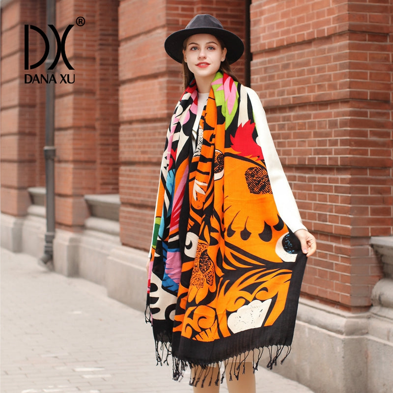 DANA XU 100% Merino Wool Extra Large Pashmina Blanket Travel Scarf Cashmere Wrap for Women Fall Winter Oversize Shawl Floral