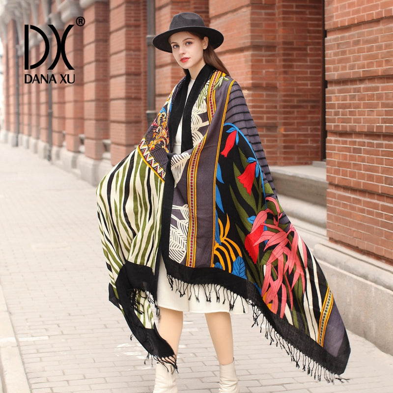 DANA XU 100% Merino Wool Extra Large Pashmina Blanket Travel Scarf Cashmere Wrap for Women Fall Winter Oversize Shawl Floral