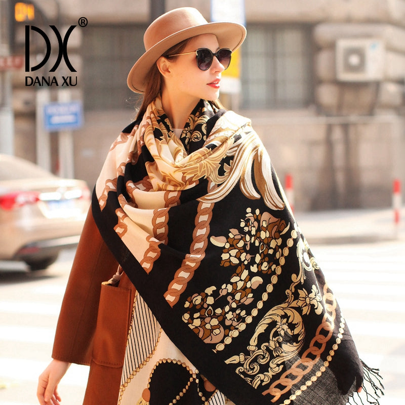 DANA XU 100% Merino Wool Extra Large Pashmina Blanket Travel Scarf Cashmere Wrap for Women Fall Winter Oversize Shawl Floral