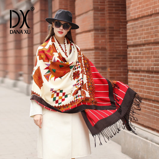 DANA XU 100% Merino Wool Extra Large Pashmina Blanket Travel Scarf Cashmere Wrap for Women Fall Winter Oversize Shawl Floral