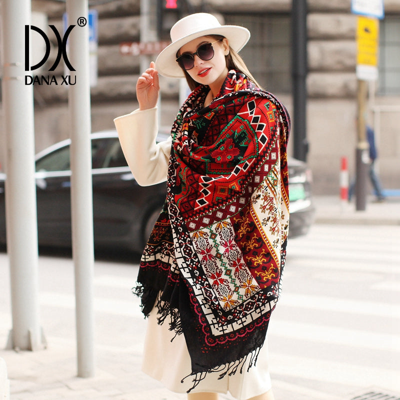 DANA XU 100% Merino Wool Extra Large Pashmina Blanket Travel Scarf Cashmere Wrap for Women Fall Winter Oversize Shawl Floral