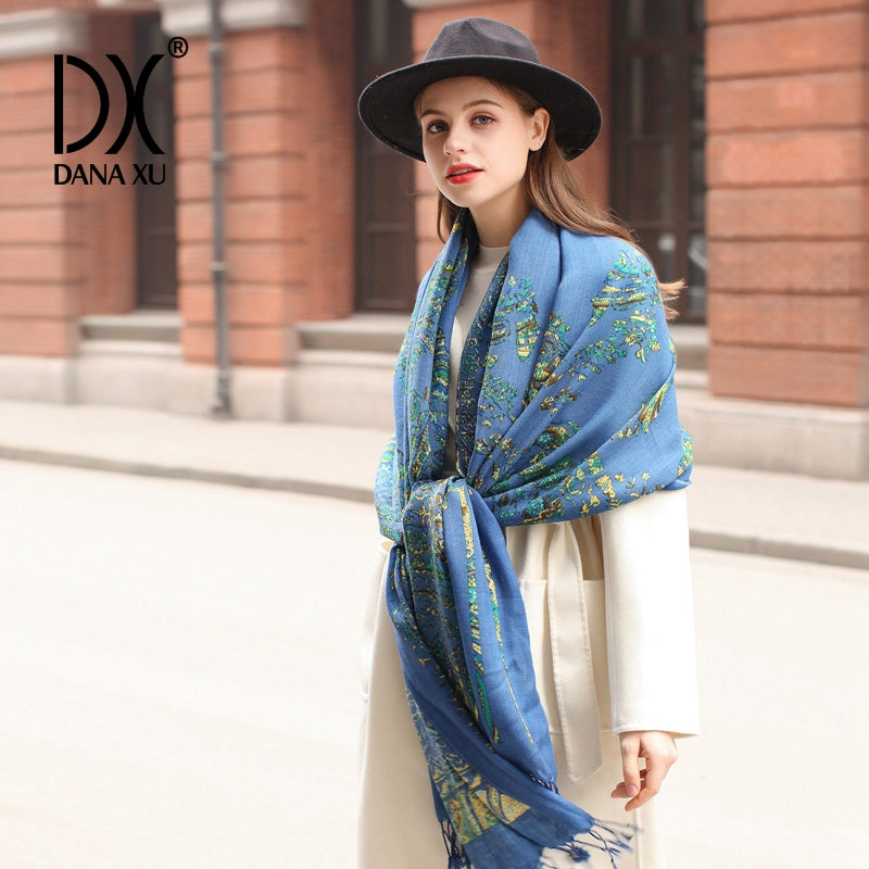 DANA XU 100% Merino Wool Extra Large Pashmina Blanket Travel Scarf Cashmere Wrap for Women Fall Winter Oversize Shawl Floral
