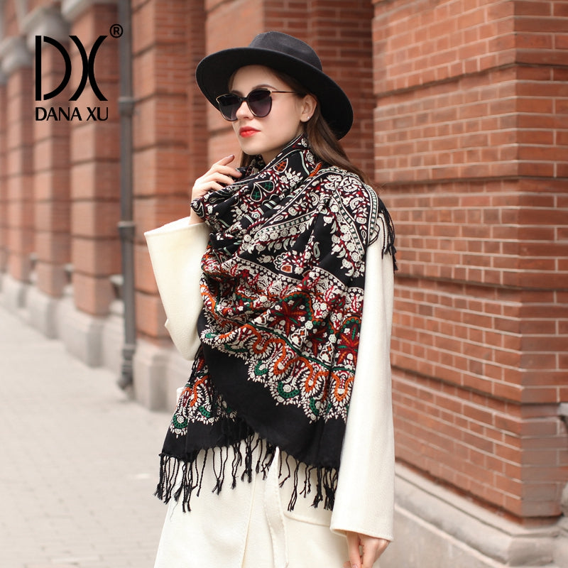 DANA XU 100% Merino Wool Extra Large Pashmina Blanket Travel Scarf Cashmere Wrap for Women Fall Winter Oversize Shawl Floral