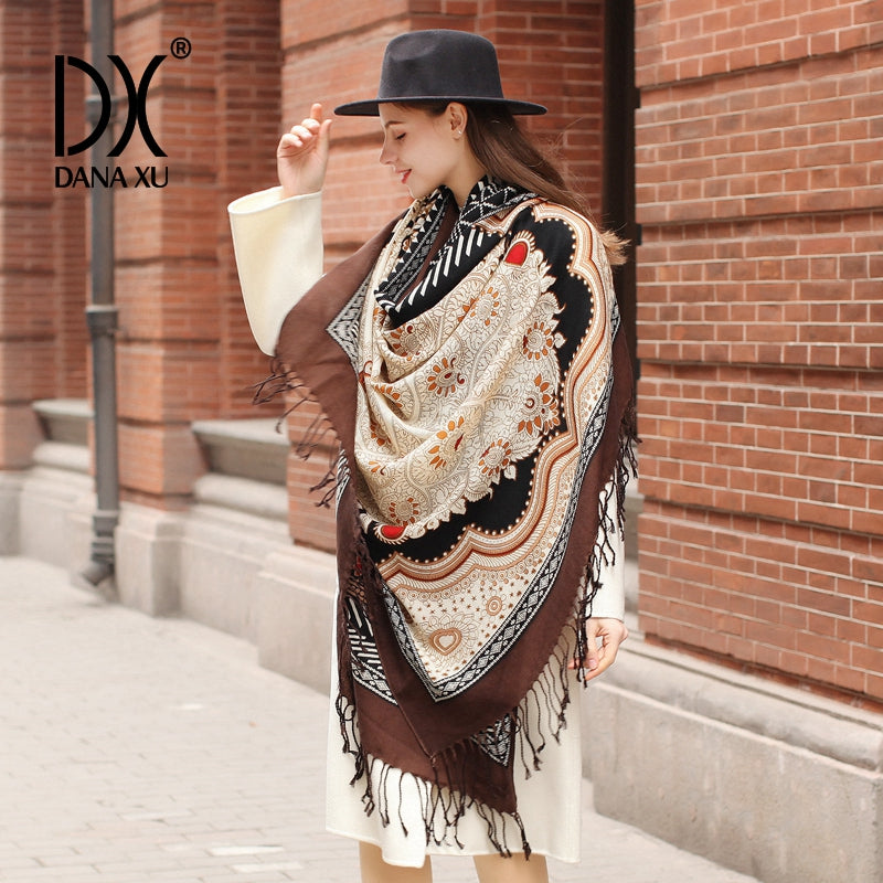 DANA XU 100% Merino Wool Extra Large Pashmina Blanket Travel Scarf Cashmere Wrap for Women Fall Winter Oversize Shawl Floral