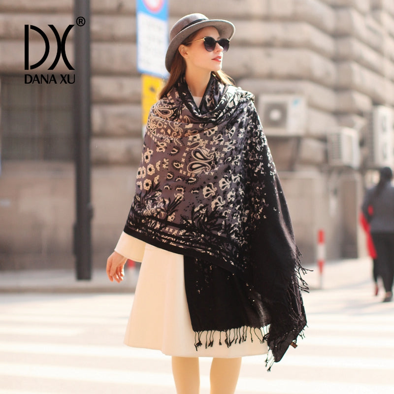 DANA XU 100% Merino Wool Extra Large Pashmina Blanket Travel Scarf Cashmere Wrap for Women Fall Winter Oversize Shawl Floral