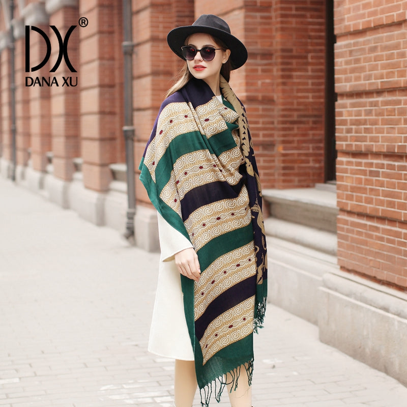 DANA XU 100% Merino Wool Extra Large Pashmina Blanket Travel Scarf Cashmere Wrap for Women Fall Winter Oversize Shawl Floral