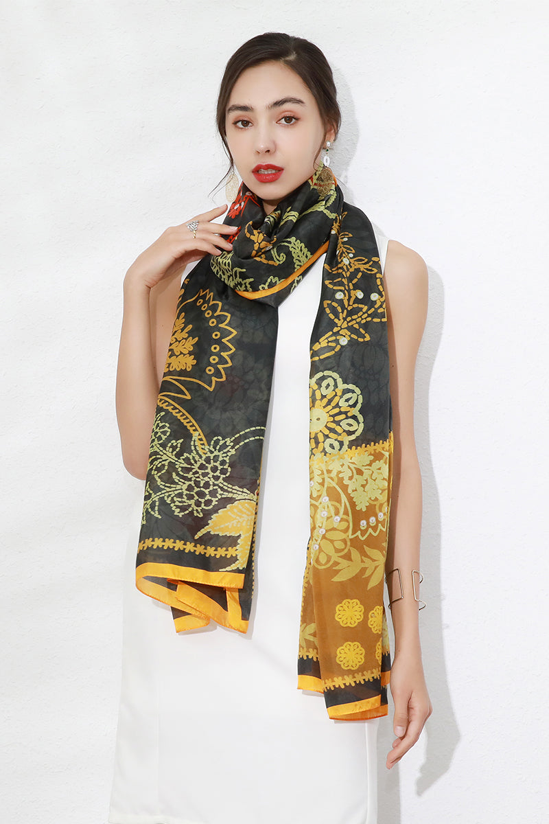 DANA XU Women's 100% Mulberry Satin Silk Pashmina Shawl Wraps Extra Large Floral Scarf for Evening Dresses, Soft Oversized