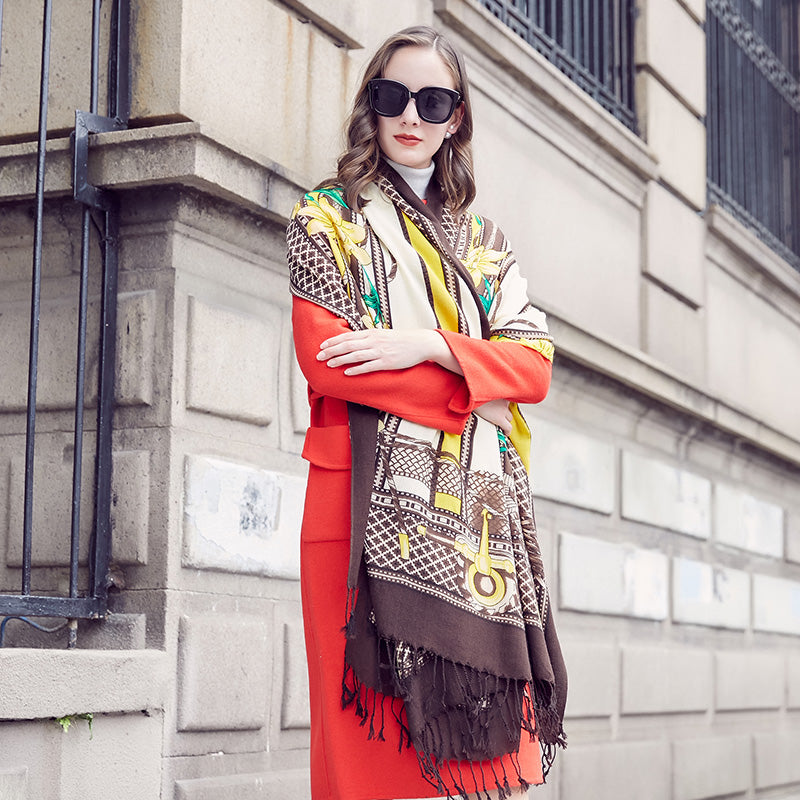 DANA XU 100% Merino Wool Extra Large Pashmina Blanket Travel Scarf Cashmere Wrap for Women Fall Winter Oversize Shawl Floral