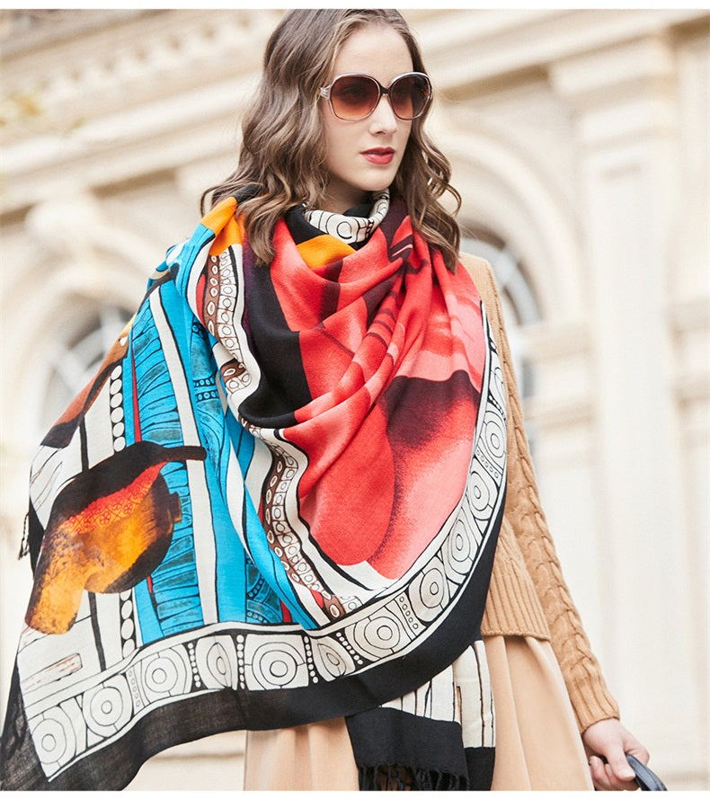 DANA XU 100% Merino Wool Extra Large Pashmina Blanket Travel Scarf Cashmere Wrap for Women Fall Winter Oversize Shawl Floral