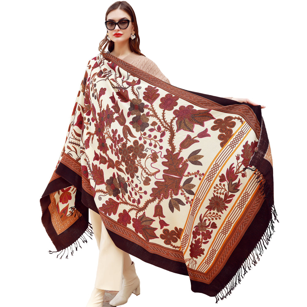 DANA XU 100% Merino Wool Extra Large Pashmina Blanket Travel Scarf Cashmere Wrap for Women Fall Winter Oversize Shawl Floral