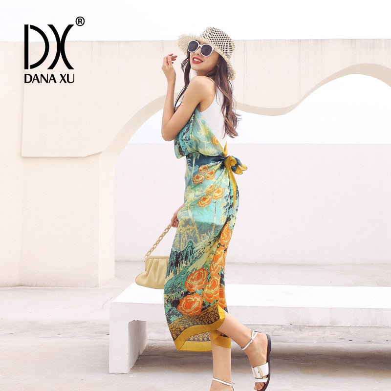 DANA XU Women's 100% Mulberry Satin Silk Pashmina Shawl Wraps Extra Large Floral Scarf for Evening Dresses, Soft Oversized