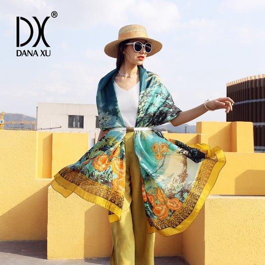 DANA XU Women's 100% Mulberry Satin Silk Pashmina Shawl Wraps Extra Large Floral Scarf for Evening Dresses, Soft Oversized
