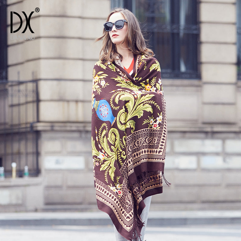DANA XU 100% Merino Wool Extra Large Pashmina Blanket Travel Scarf Cashmere Wrap for Women Fall Winter Oversize Shawl Floral