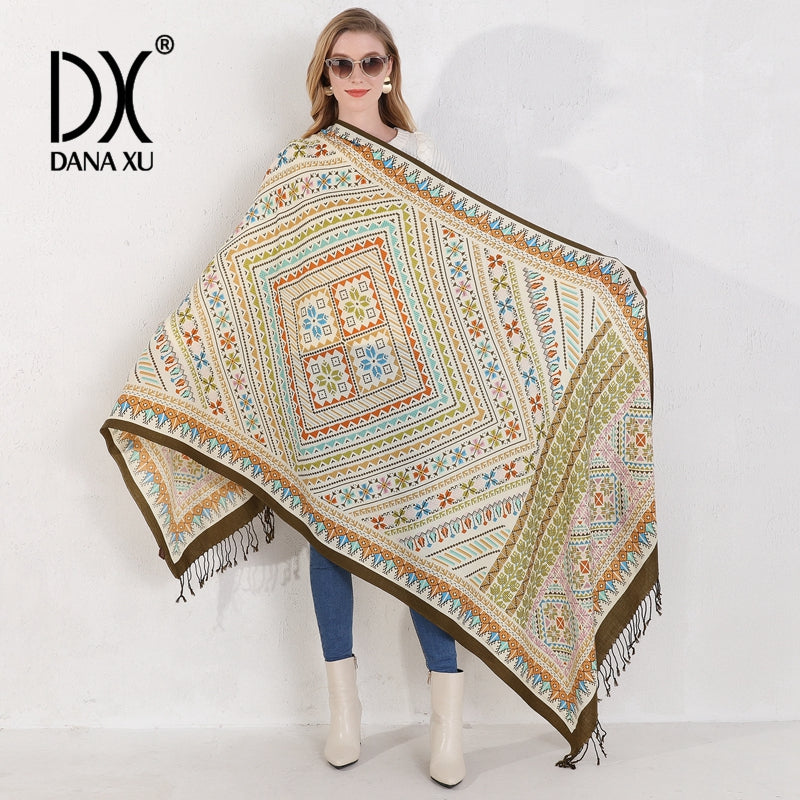 DANA XU 100% Merino Wool Extra Large Pashmina Blanket Travel Scarf Cashmere Wrap for Women Fall Winter Oversize Shawl Floral