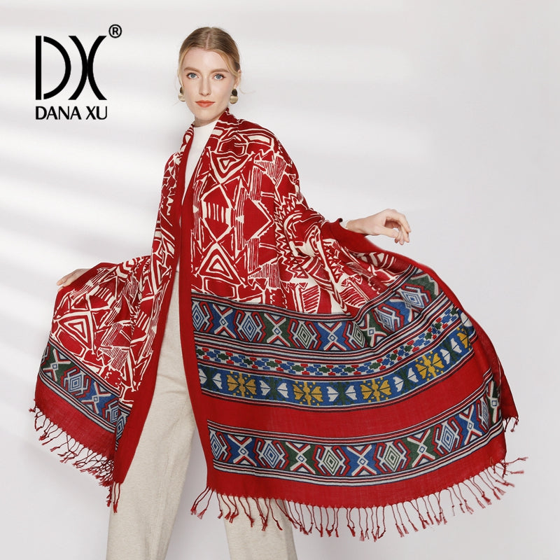 DANA XU 100% Merino Wool Extra Large Pashmina Blanket Travel Scarf Cashmere Wrap for Women Fall Winter Oversize Shawl Floral