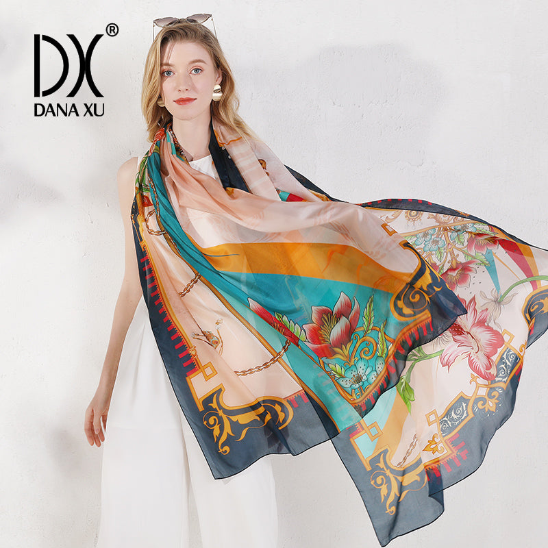 DANA XU Women's 100% Mulberry Satin Silk Pashmina Shawl Wraps Extra Large Floral Scarf for Evening Dresses, Soft Oversized
