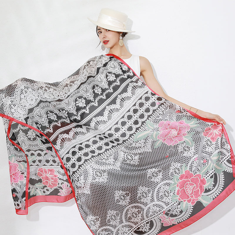 DANA XU Women's 100% Mulberry Satin Silk Pashmina Shawl Wraps Extra Large Floral Scarf for Evening Dresses, Soft Oversized