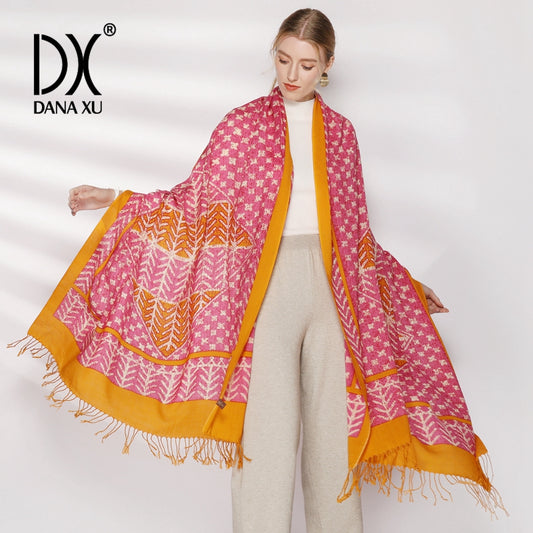 DANA XU 100% Merino Wool Extra Large Pashmina Blanket Travel Scarf Cashmere Wrap for Women Fall Winter Oversize Shawl Floral