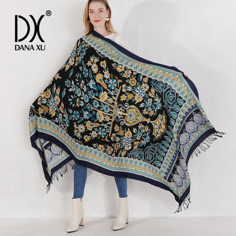DANA XU 100% Merino Wool Extra Large Pashmina Blanket Travel Scarf Cashmere Wrap for Women Fall Winter Oversize Shawl Floral